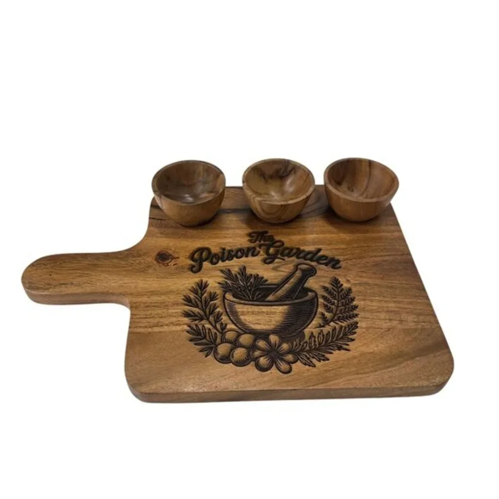 Handmade Acacia Wood Serving Board Set Mortar Pestle Engraved 3 Bowls Witchy Kit